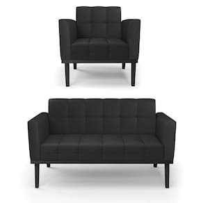Conjunto Poltrona E Namoradeira Decorativa Pés Fixo Em Madeira Preto Pu Preto