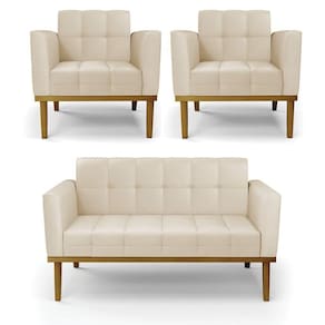 Conjunto 2 Poltronas E 1 Namoradeira Decorativa Pés Fixo Em Madeira Castanho Pu Bege