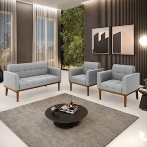 Conjunto 2 Poltronas E 1 Namoradeira Decorativa Pés Fixo Em Madeira Castanho Suede Cinza