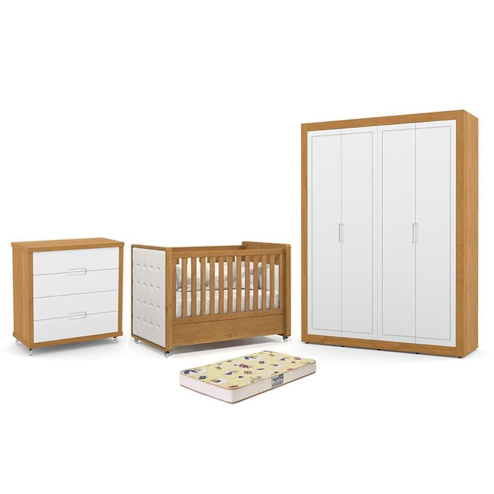 Dormitório Tutto New 4 Portas, Cômoda 4 Gavetas e Berço com Capitonê e Colchão Supreme - Matic Móveis
