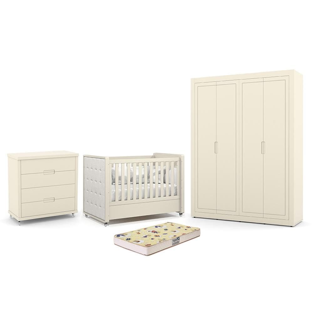Dormitório Tutto New 4 Portas, Cômoda 4 Gavetas e Berço com Capitonê e Colchão Supreme - Matic Móveis