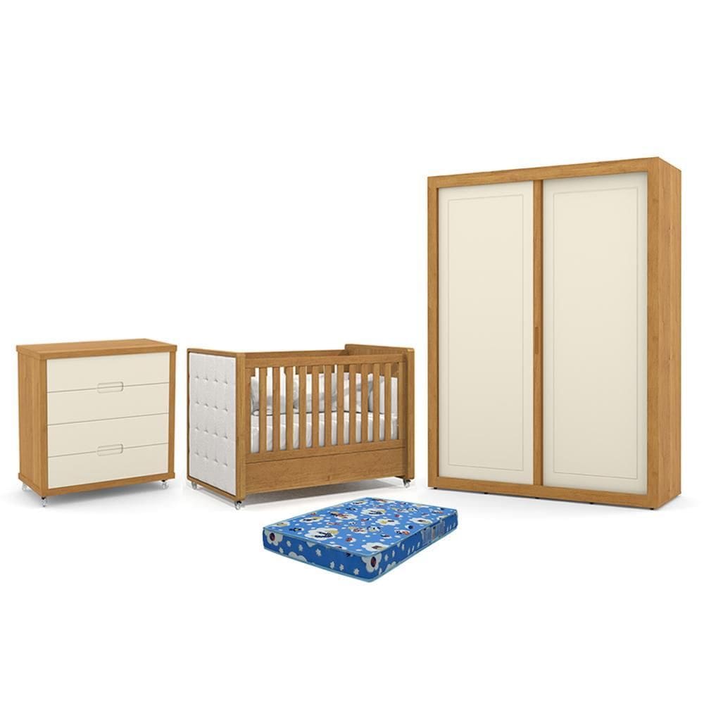 Dormitório Tutto New 2 Portas, Cômoda 4 Gavetas e Berço com Capitonê e Colchão Physical - Matic Móveis