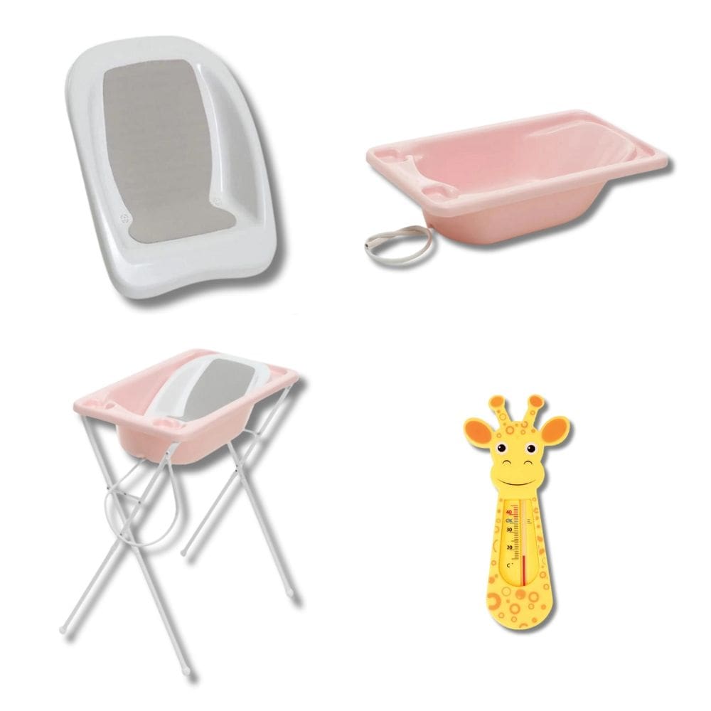 Banheira Bebe Plastica Acqua Trio Rosa Pastel + Termometro Girafinha Buba - Galzerano