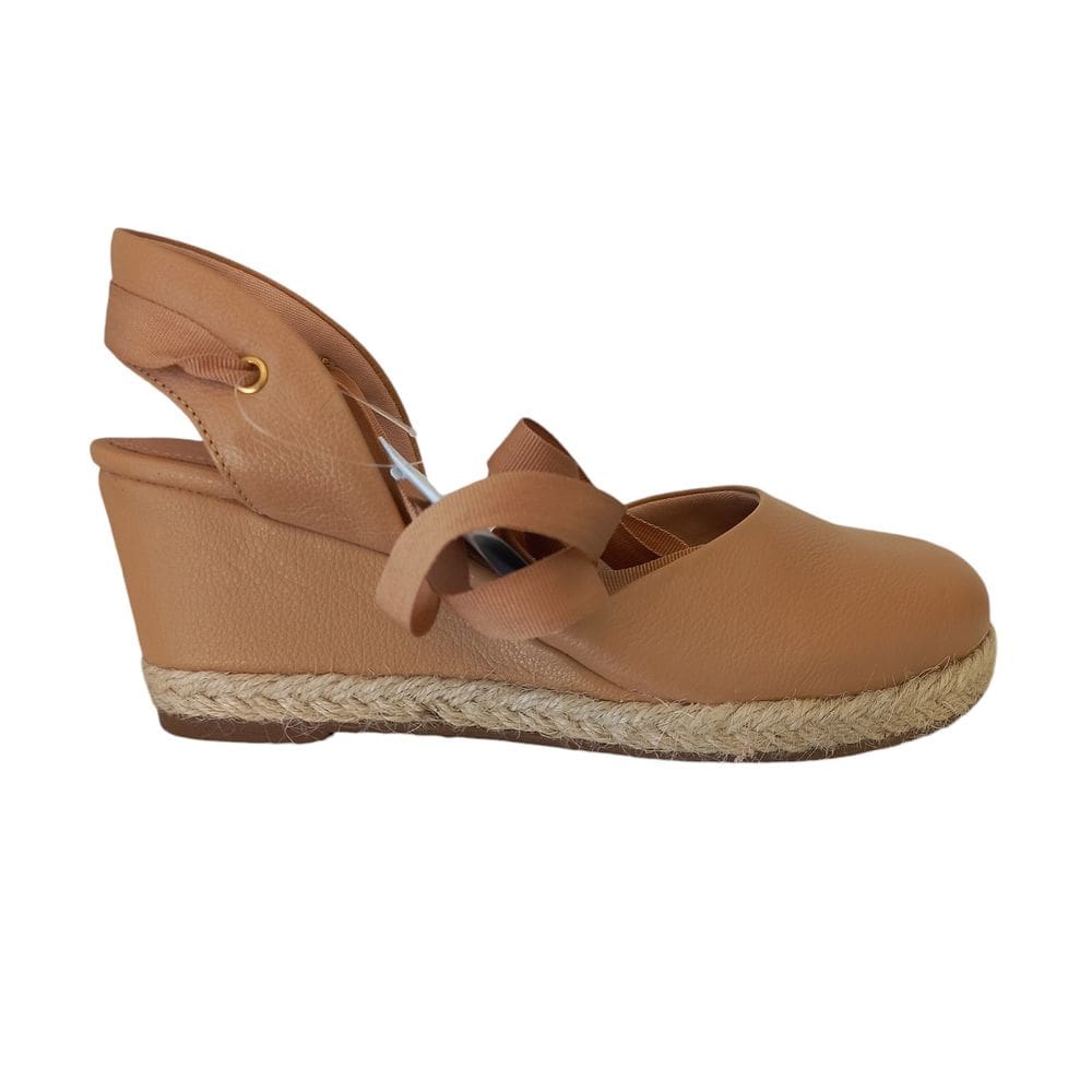 Sandália Anabela Feminina em Couro Bege Salto Médio Amarração