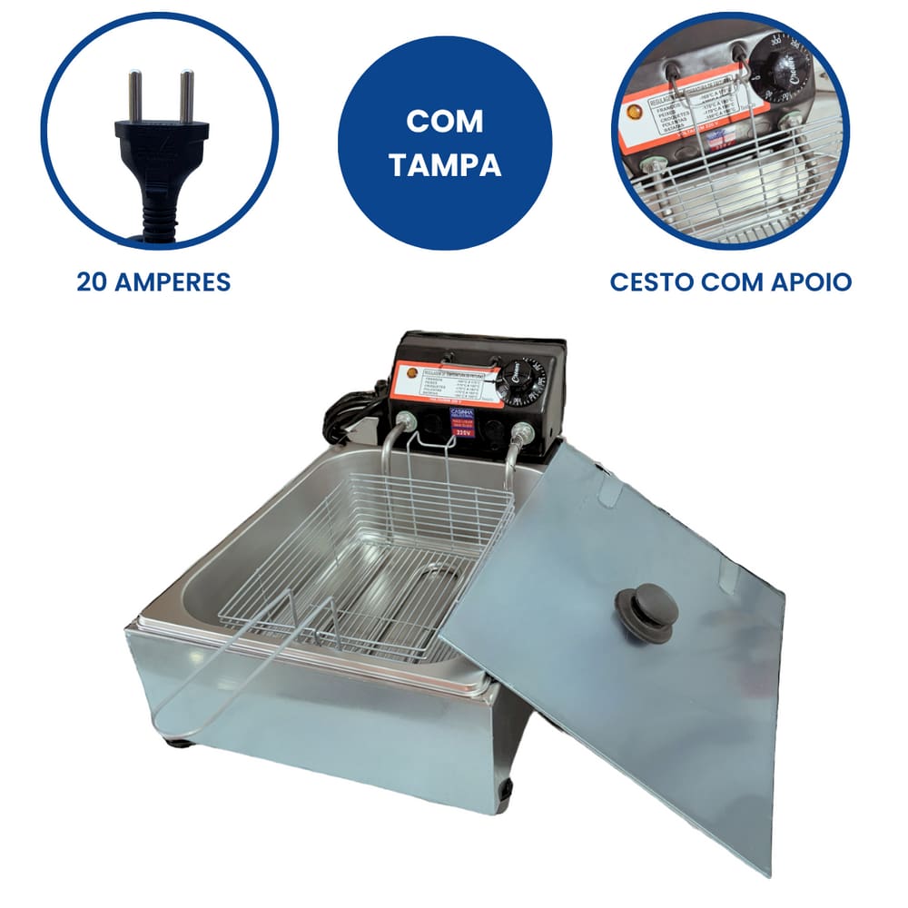 Fritadeira Elétrica Industrial Cuba de 5 Litros - 220v -  Desempenho e Praticidade para Sua Cozinha, lanchonete, quiosque, Restaurante - com Tampa