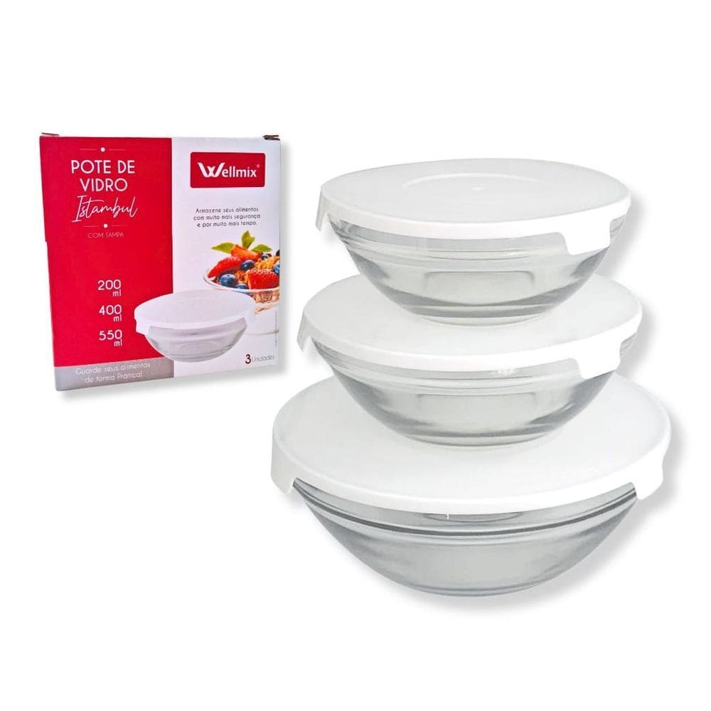 Conjunto 3 Potes Tigela De Vidro 200ml 400ml 550ml Tampa E Trava Branca De Plástico Armazenar Comida Geladeira Salada