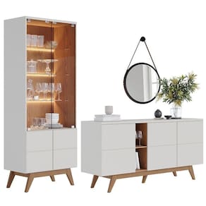 Balcão Buffet Com Cristaleira Rebeca E Espelho Adnet 67cm C05 Off White/freijó - Mpozenato