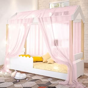 Cama De Solteiro Poppy Branco Voal Rosa Com Colchão E Led