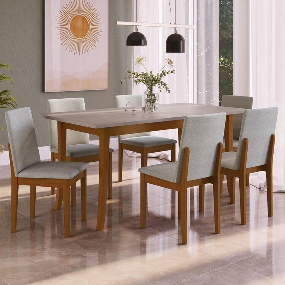Conjunto Sala de Jantar Mesa com Tampo em Bp, Pés Madeira Maciça 6 Cadeiras Madeira Imbuia /Cinza Claro