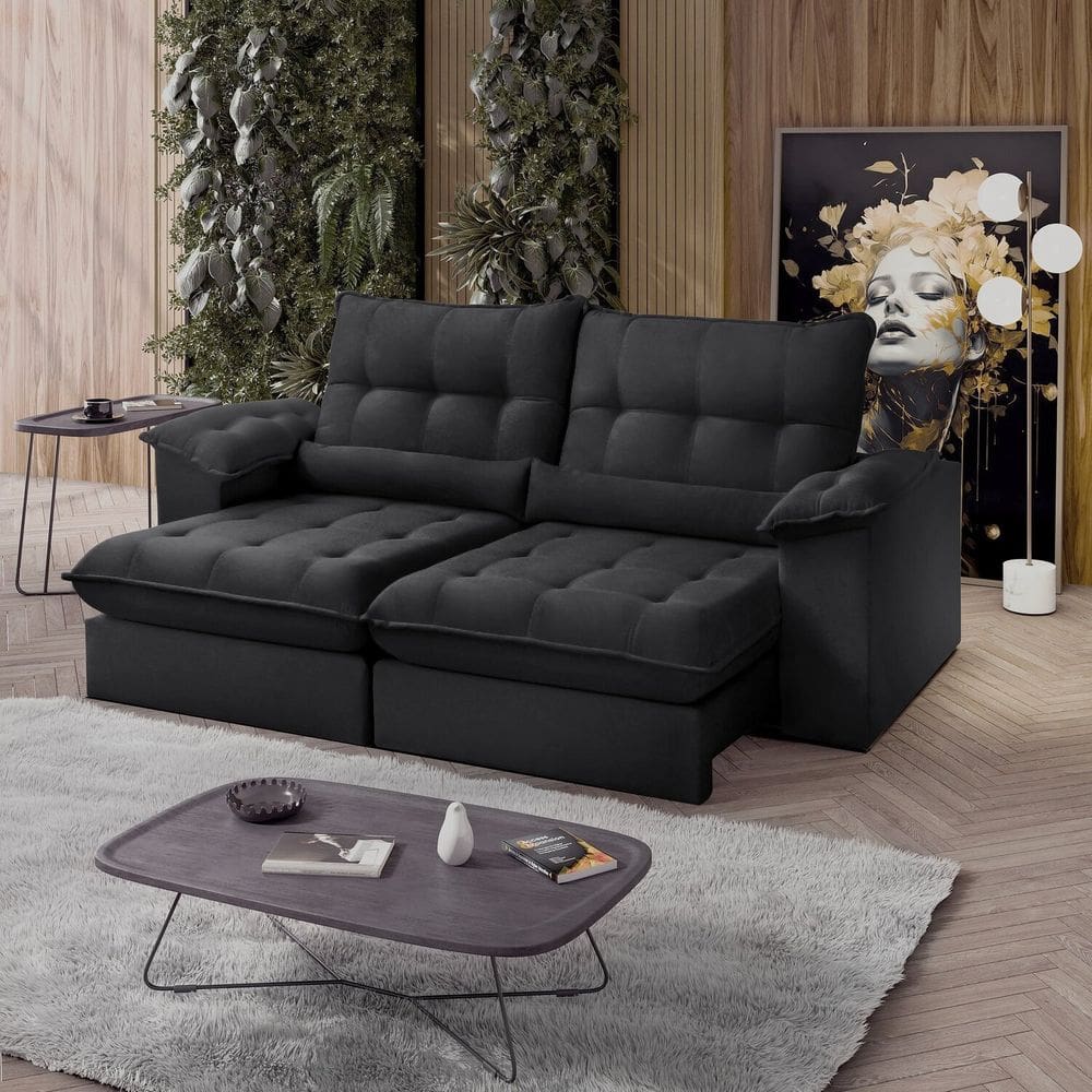 Sofá Retrátil Reclinável Molas Ensacadas Chicago 210 Cm Veludo Preto
