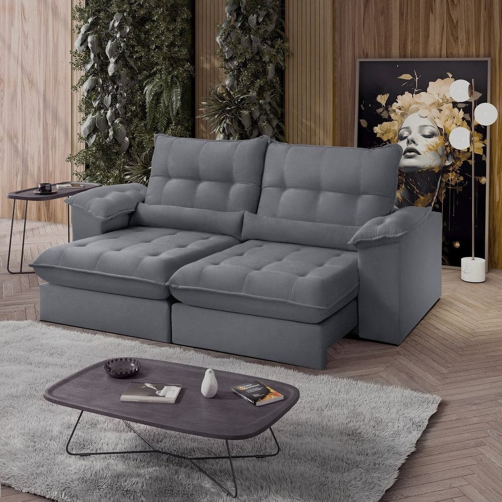 Sofá Retrátil Reclinável Molas Ensacadas Chicago 210 Cm Veludo Cinza