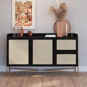 Balcão Buffet 2 Portas 2 Gavetas 139cm Palhinha Pé Metal Nero/Dourado