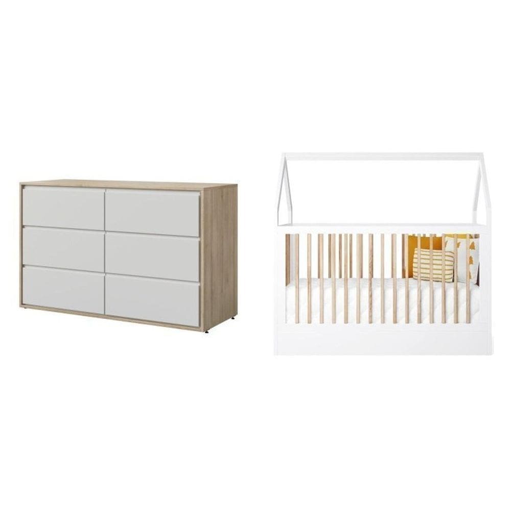 Berço com Colchão e Comoda Montessoriano Casinha Coleção Wood Branco/Treviso