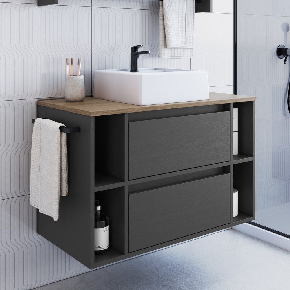 Gabinete de Banheiro Suspenso 80cm com 4 Nichos 1 Toalheiro 1 Porta 1 Gaveta Bh8010 com Cuba Mel/Grafite