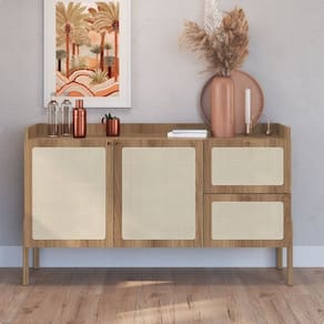 Balcão Buffet 2 Portas 2 Gavetas 139cm Palhinha Pé Madeira Hanover