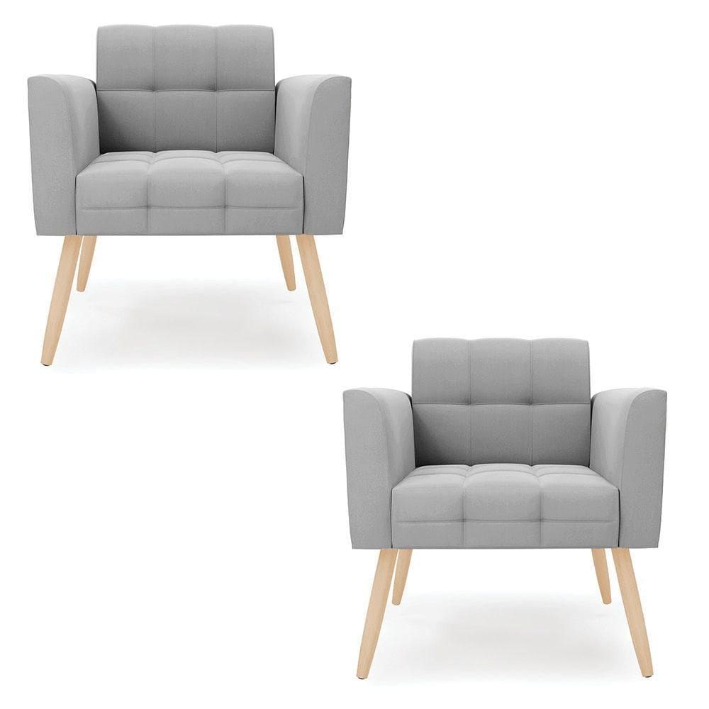 Kit 2 Poltronas Elisa Suede Cinza Pés Palito Natural - D`rossi
