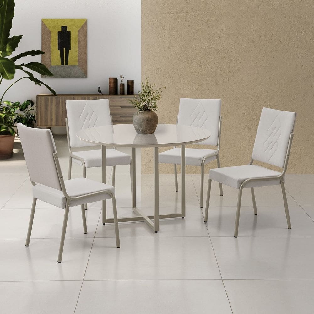 Conjunto Sala de Jantar Mesa em Mdf com Vidro 4 Cadeiras Moscou Champagne/Bege