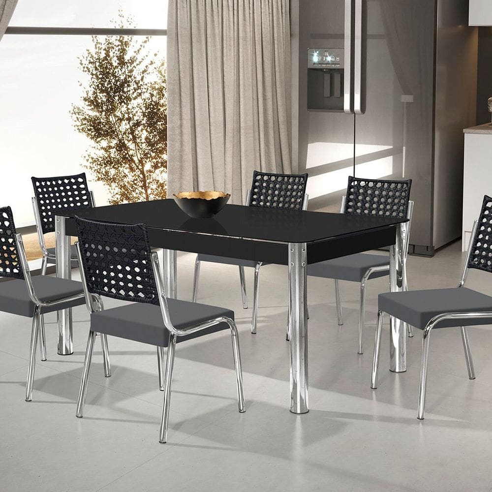 Conjunto Sala de Jantar Mesa Retangular com 6 Cadeiras Natani Cromado/Cinza