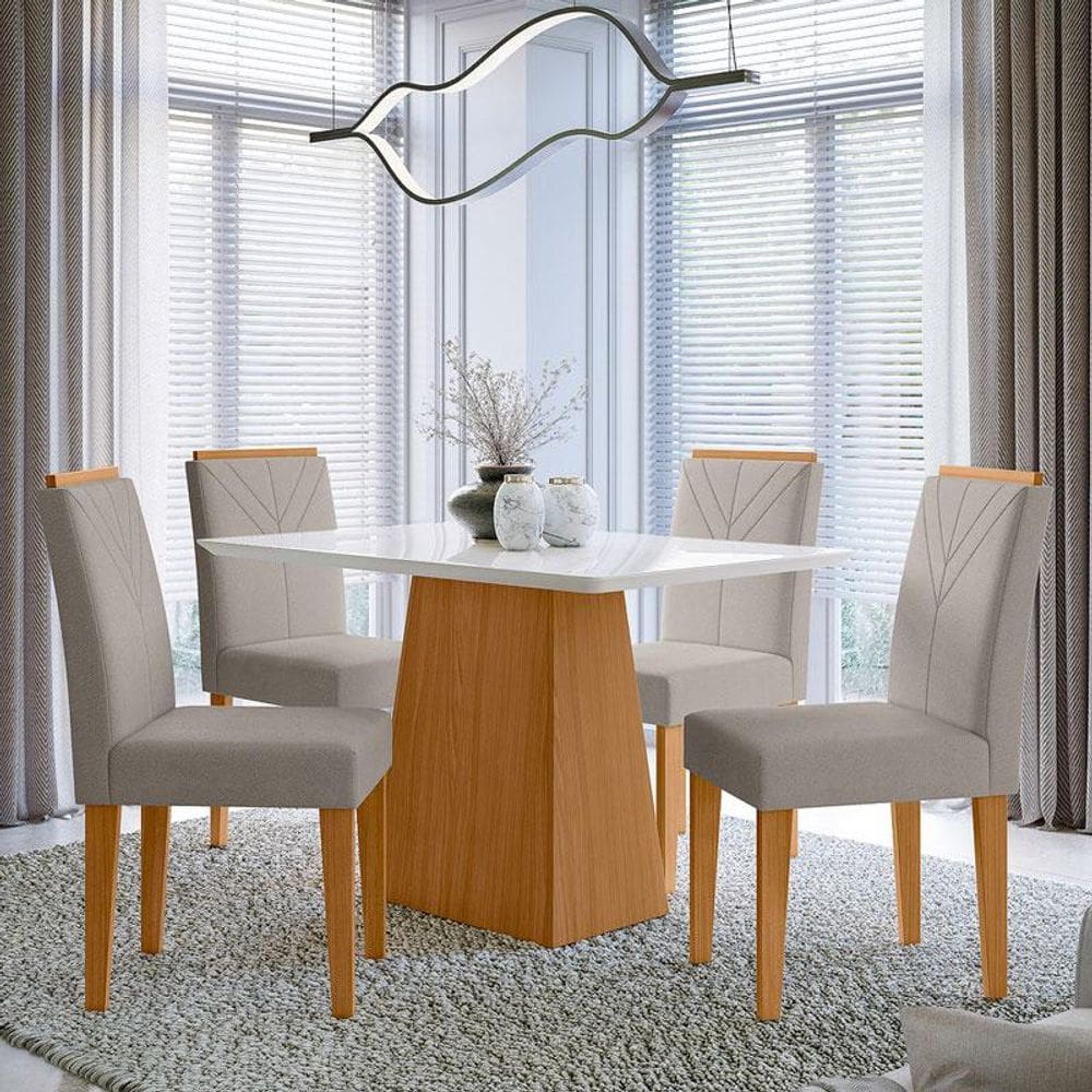 Mesa de Jantar 120 cm Ambiente Bárbara com Vidro Ype Off White e 4 Cadeiras Amanda Ype Animale Areia - New Ceval