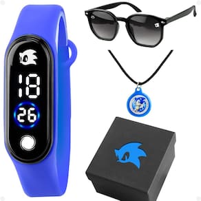 Relógio Infantil Digital + Óculos Sol + Colar + Caixa Kids Silicone Menino Preto Led Azul