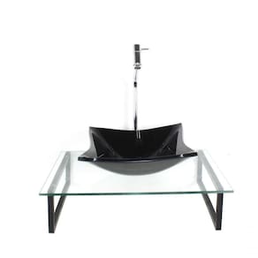 Kit Cuba De Vidro Quadrada 10mm Preta Tampo 50cm Incolor Com Suporte Torneira Valvula
