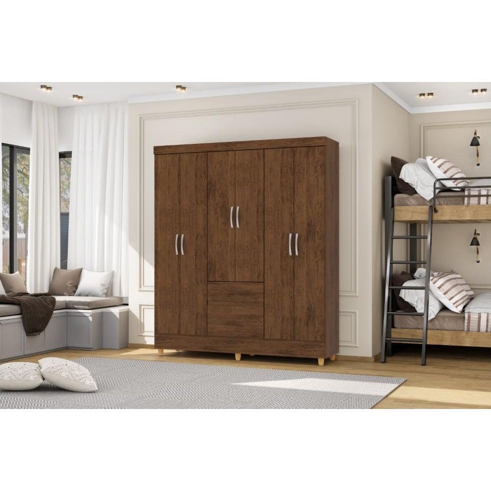 Guarda Roupa Ideal Plus 6 Portas e 2 Gavetas - Cor Imbuia Rústico - Vila Rica