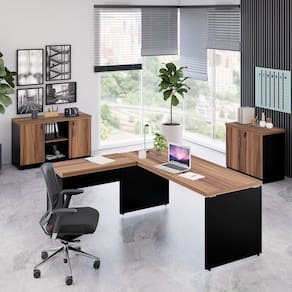 Conjunto de Mesa em L 170x160cm, com Armário Baixo e Armário Baixo com Chave Espresso Móveis Marrom/Preto