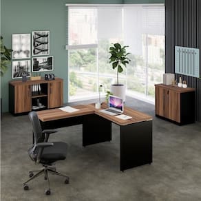Conjunto de Mesa em L 120cmx150cm, com Armário Baixo e Armário Baixo com Chave Espresso Móveis Marrom/Preto