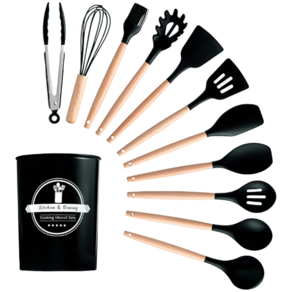 Kit Utensílios Cozinha 12 Peças Silicone Antiaderente (PRETO
