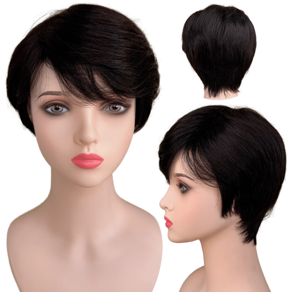 Peruca humana curta preta natural unissex com franja e lisa