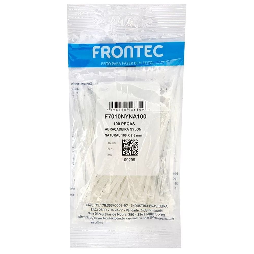 Abraçadeira NYLON 2,5 X 100MM Branca Frontec 100 UN