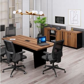 Conjunto Mesa de Reunião Retangular com 01 Caixa de Tomadas e Dois Armários Baixos Espresso Móveis Marrom/Preto