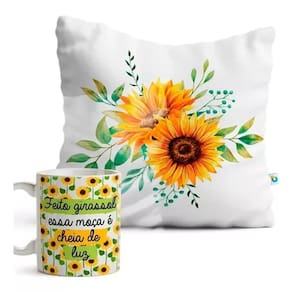 Kit Caneca E Almofada Girassol Feito Girassol