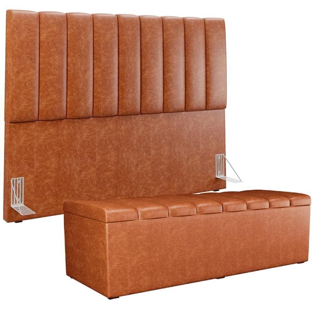 Kit Cabeceira Casal Queen 160cm Calçadeira Baú Camel