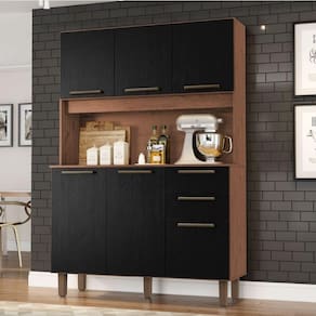 Armário De Cozinha Completa Compacta 6 Portas 2 Gavetas 1,20m Pop Nature / Preto Zanzini