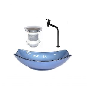 Cuba de Vidro Oval 51cm Azul + Valvula + Torneira Preta