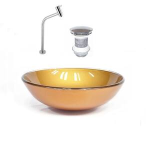 Cuba de Vidro 42cm Dourado Real + Valvula + Torneira Cromada