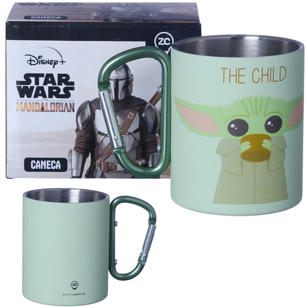 Caneca Baby Yoda Grogu Aço Inox Com Mosquetão Oficial Mandaloriano Star Wars