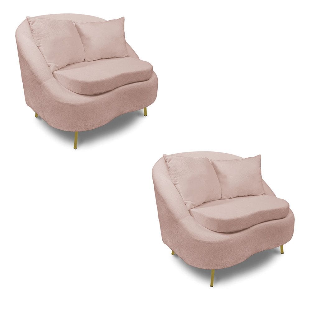 Poltrona Decorativa Orgânica Pé Ferro Dou Kit 2 Zaya Bouclê Rosê C05 - D`Rossi