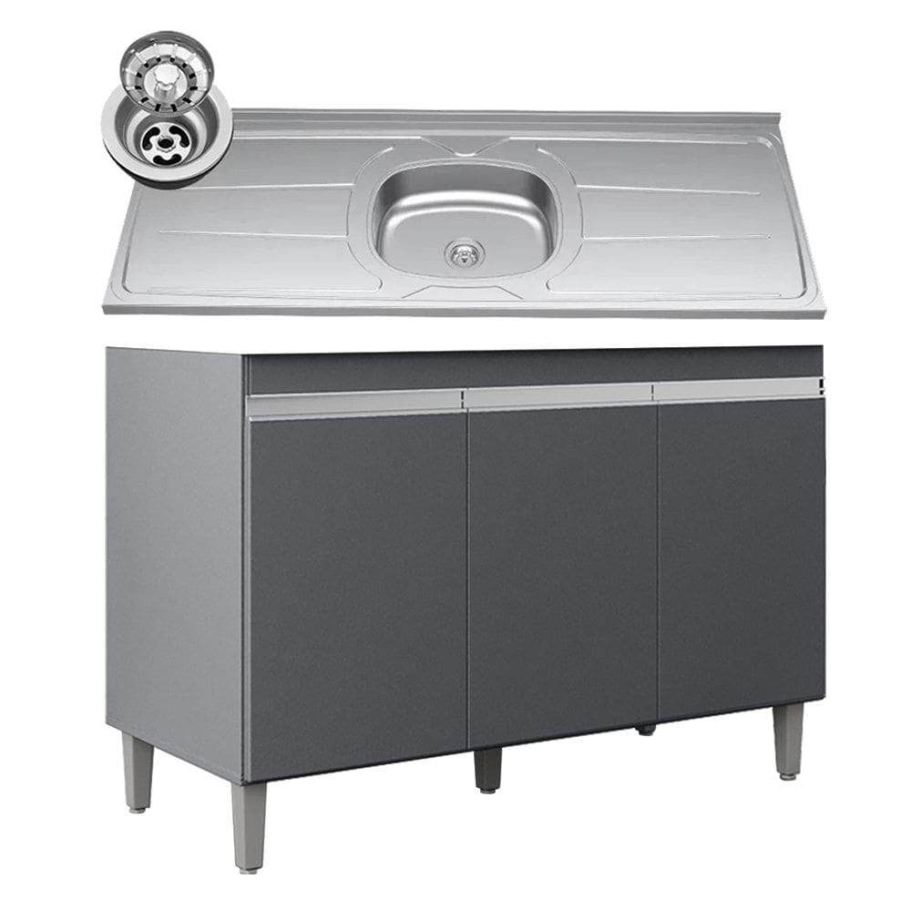Balcão de Cozinha Com Pia Inox 120cm 3 Portas Manu Cinza - AJL Móveis