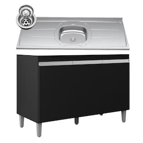 Balcão de Cozinha Com Pia Inox 120cm 3 Portas Manu Preto - AJL Móveis