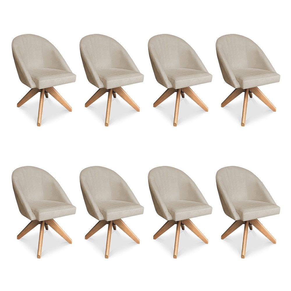 Kit 08 Poltronas Cadeira Giratória Bela Suede Bege Base de Madeira - Pallazio