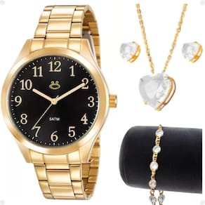 Relogio Feminino Banhado Aço Inox + Brincos + Colar Strass Inoxidável Pulseira Casual Social Moda