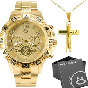 Relogio Masculino Dourado Aço Inoxidavel + Caixa + Cordão Presente Pulseira Ajustavel Analogico