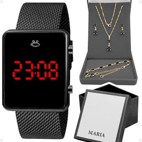 Relogio Feminino Preto Digital + Colar + Brincos + Caixa Casual Quadrado Pulseira Ajustável Presente