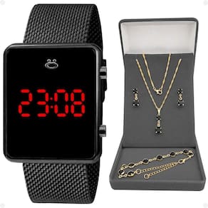 Relogio Preto Digital Feminino + Brincos + Colar Strass Quadrado Casual Pulseira Ajustável Presente