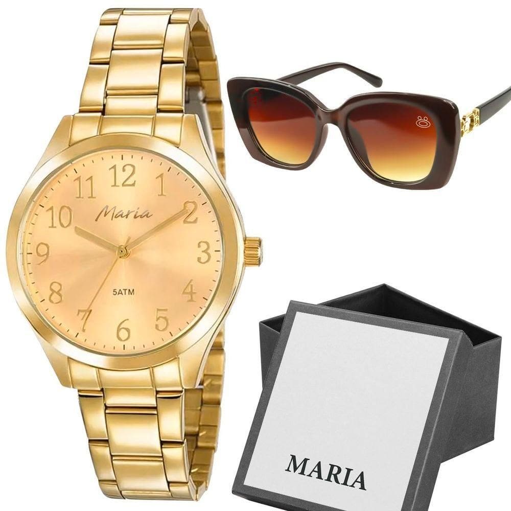 Relogio Feminino Banhado + Oculos Proteção Uv Sol + Caixa Qualidade Premium Presente Moda Casual