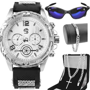 Relogio Aço Inox + Pulseira + Cordão + Oculos Sol Casual Silicone Qualidade Premium Presente Social