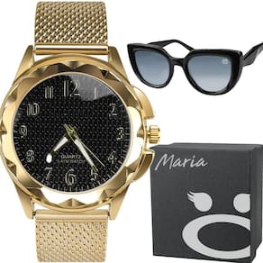Relogio Feminino Banhado + Oculos Sol Proteção Uv Caixa Moda Silicone Resistente Prova Dagua Casual