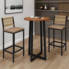 Conjunto Bistrô Coliseu Tampo Maciço Pinus 70cm com 2 Banquetas Barcelona Preto/Bege